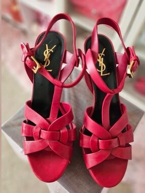 💯Authentic YSL Tribute Saint Laurent Red Leather Heels with Gold Buckle